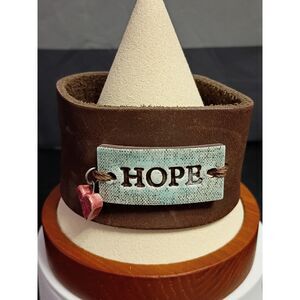 Vintage Inspirational, Leather Bracelet with Ceramic Hope Plaque and Heart Charm